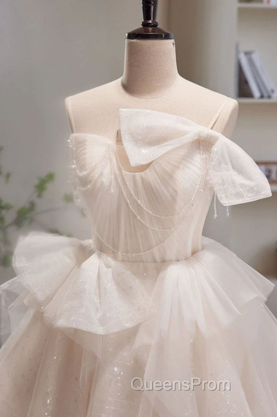 Light Champagne Short Tulle Evening Prom Dress, Short Light Champagne Formal Graduation Dress