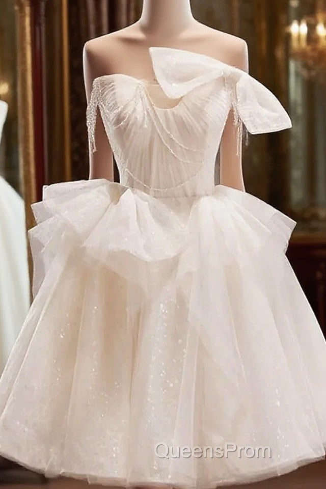 Light Champagne Short Tulle Evening Prom Dress, Short Light Champagne Formal Graduation Dress Main image