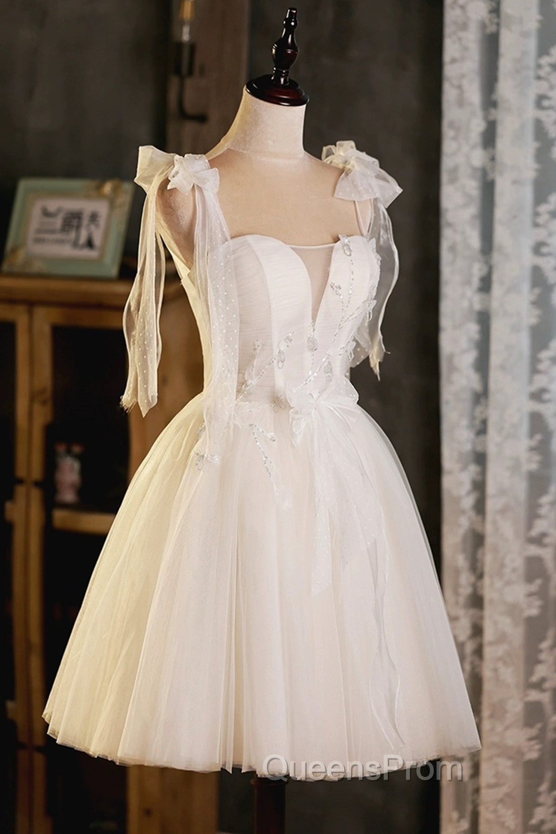 Light Champagne Spaghetti Strap Short Evening Prom Dress, Cute A-Line Tulle Evening Party Dress Secondary image