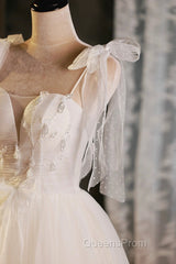 Light Champagne Spaghetti Strap Short Evening Prom Dress, Cute A-Line Tulle Evening Party Dress