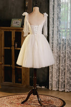 Light Champagne Spaghetti Strap Short Evening Prom Dress, Cute A-Line Tulle Evening Party Dress