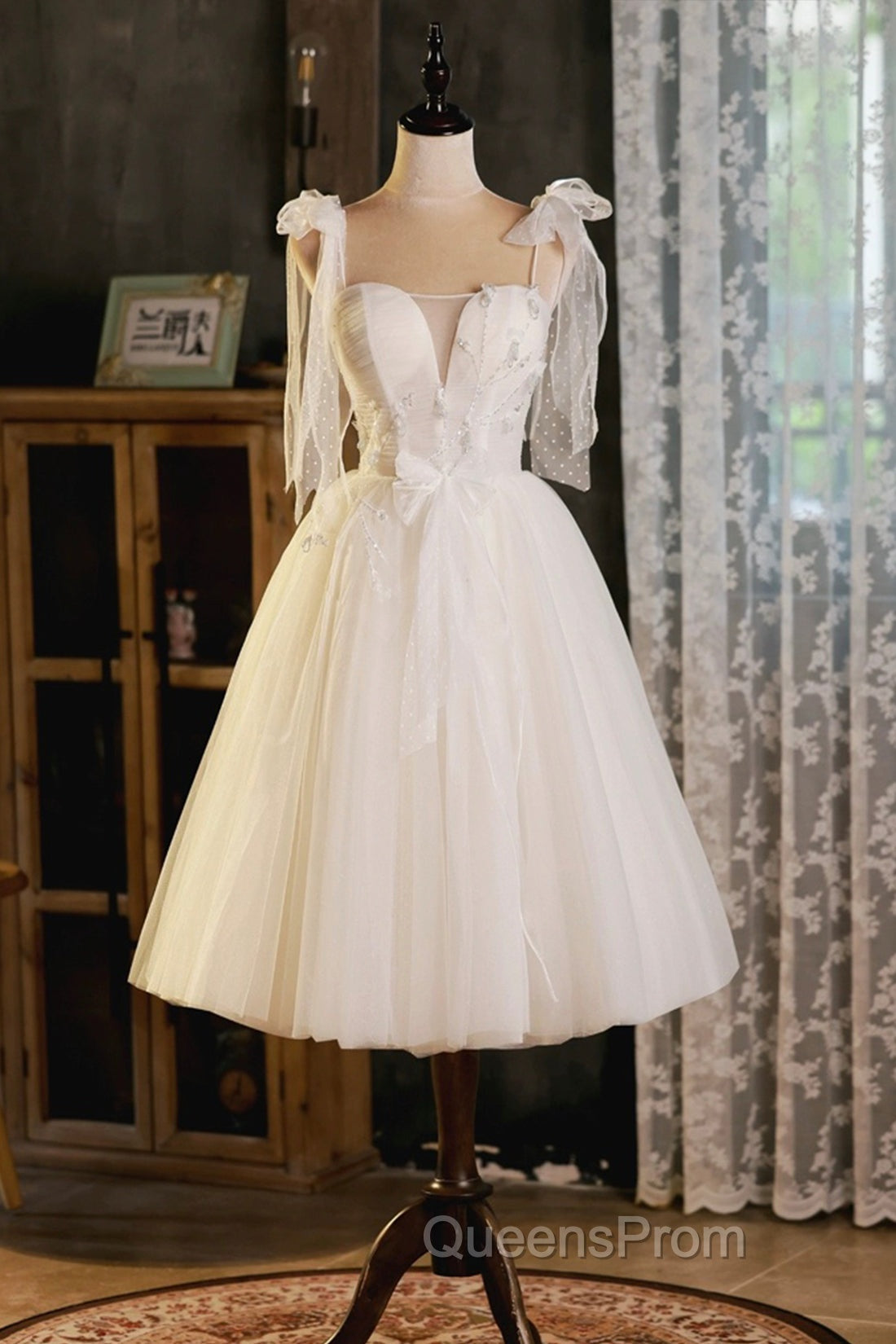Light Champagne Spaghetti Strap Short Evening Prom Dress, Cute A-Line Tulle Evening Party Dress