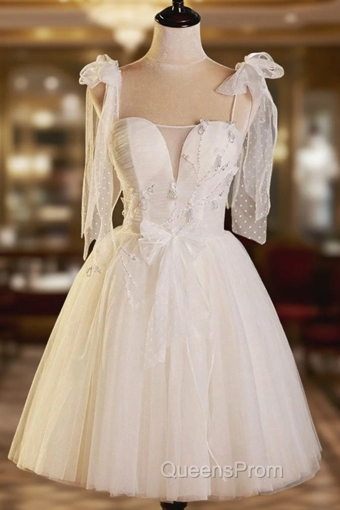 Light Champagne Spaghetti Strap Short Evening Prom Dress, Cute A-Line Tulle Evening Party Dress Main image