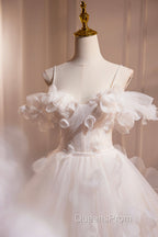 Light Champagne Spaghetti Strap Tulle Long Evening Prom Dress, Beautiful A-Line Formal Evening Dress