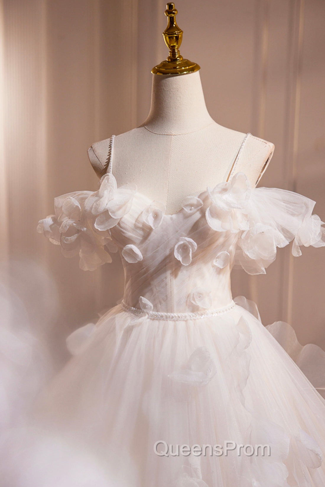 Light Champagne Spaghetti Strap Tulle Long Evening Prom Dress, Beautiful A-Line Formal Evening Dress