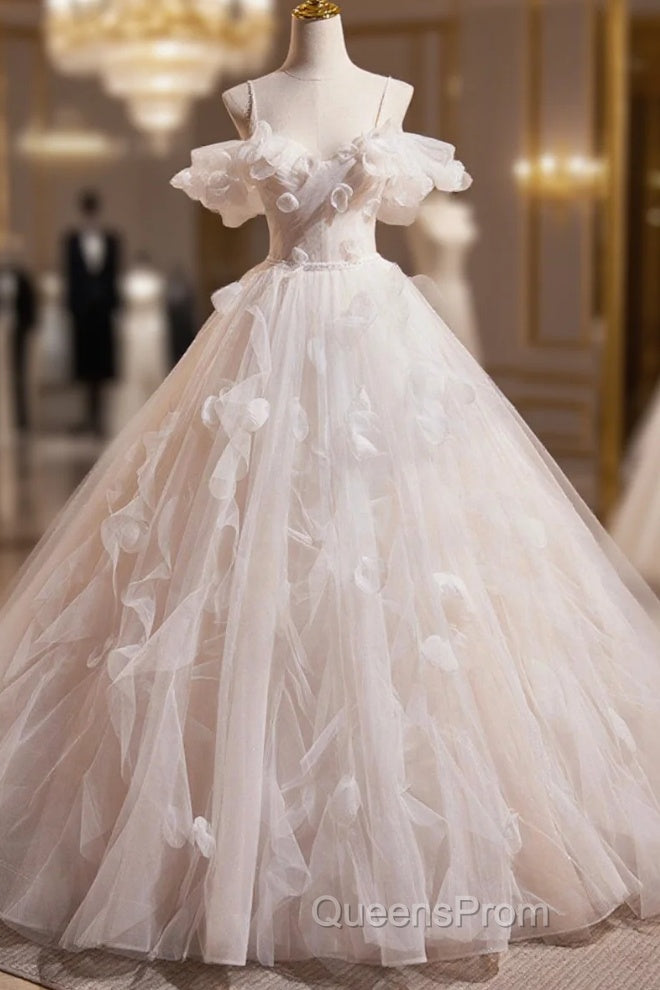 Light Champagne Spaghetti Strap Tulle Long Evening Prom Dress, Beautiful A-Line Formal Evening Dress Main image