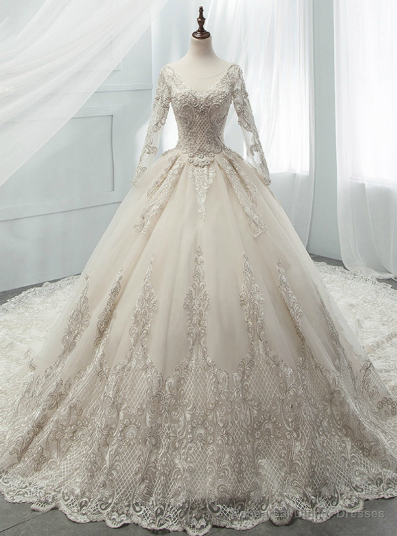 Light Champagne Tulle Appliques Long Sleeve Backless Beading Wedding Dress Main image