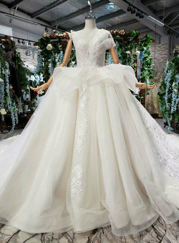 Light Champagne Tulle Appliques V-neck Backless Luxury Wedding Dress Main image
