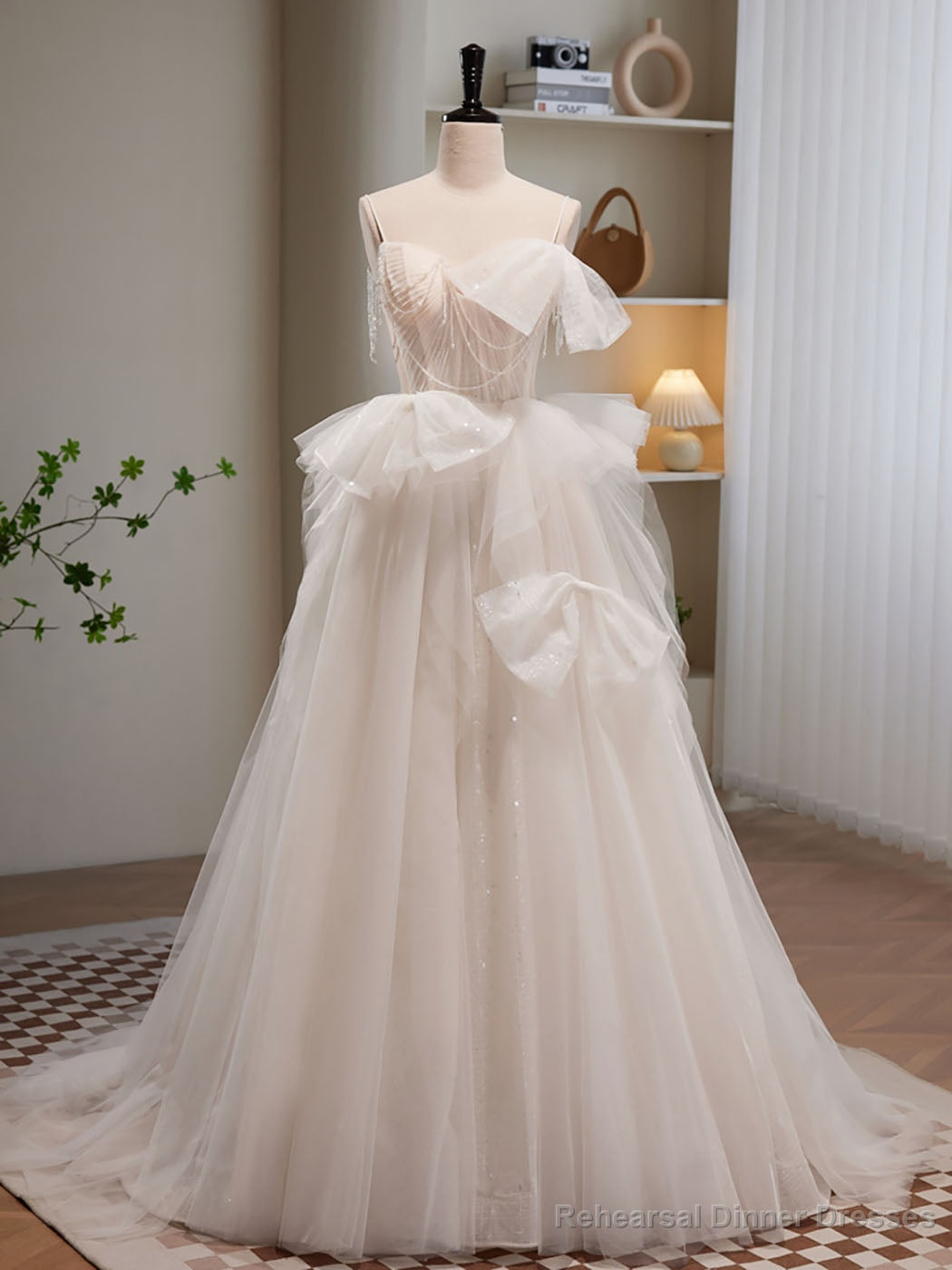 Light Champagne Tulle Beading Long Prom Dress, Light Champagne Formal Dress Secondary image