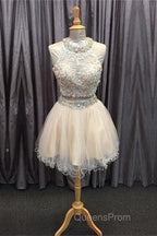Light Champagne Tulle Lace Beading Homecoming Dress Two Piece Style
