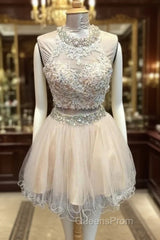 Light Champagne Tulle Lace Beading Homecoming Dress Two Piece Style