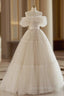 Light Champagne Tulle Lace Floor Length Evening Prom Dress, Beautiful A-Line Evening Party Dress