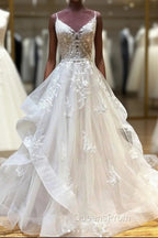 Light Champagne Tulle Lace Long Evening Prom Dress Lace Long Wedding Dress