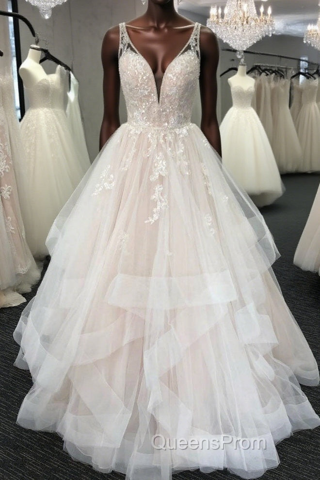 Light champagne tulle lace long Evening Prom Dress, tulle evening Dress Main image
