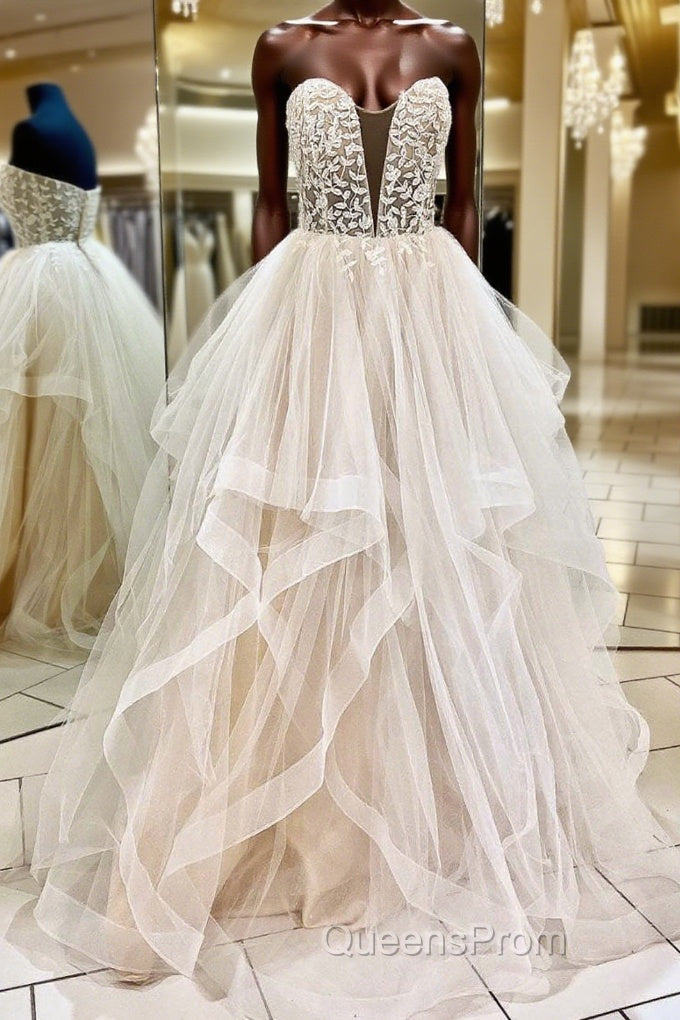Light champagne tulle lace long Evening Prom Dress tulle formal Dress Main image