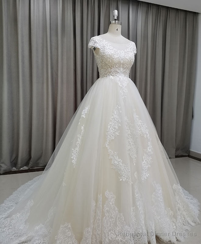 Light Champagne Tulle Lace Long Wedding Dress Lace Bridal Dress Main image