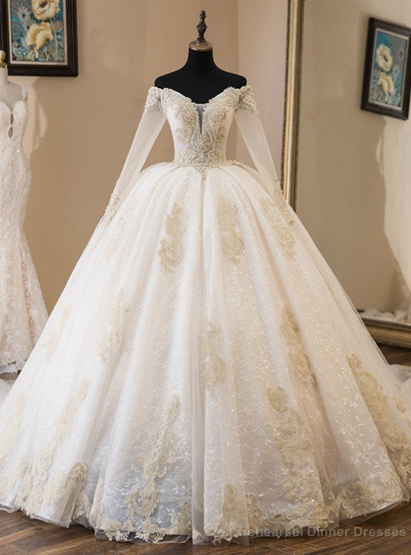 Light Champagne Tulle Off The Shoulder Long Sleeve Wedding Dress With Train Main image