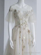 Light Champagne Tulle Sequin Tea Length Prom Dress, Tulle Formal Dress