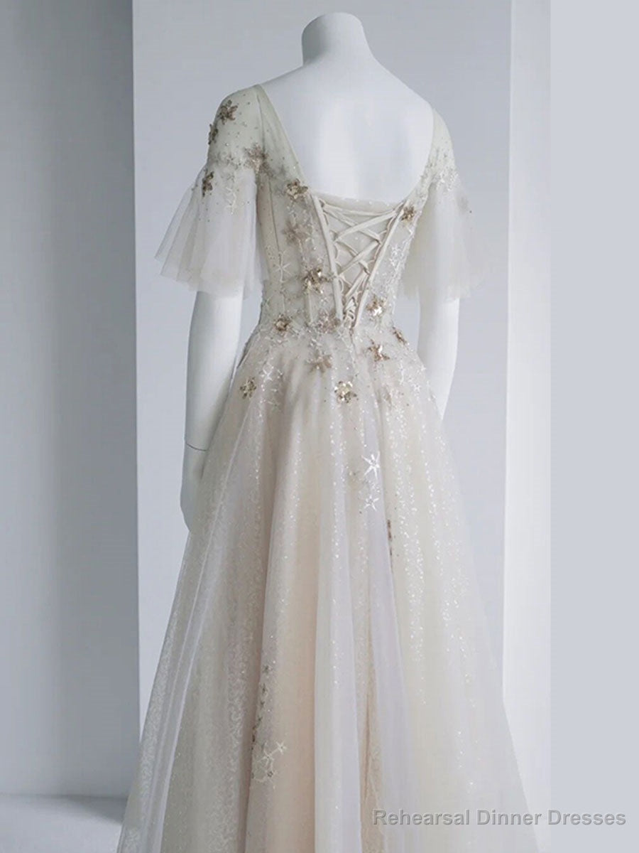 Light Champagne Tulle Sequin Tea Length Prom Dress, Tulle Formal Dress Secondary image