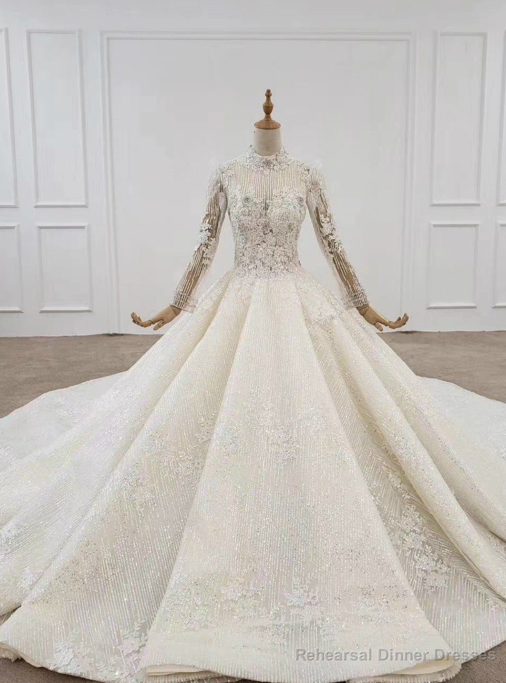 Light Champagne Tulle Sequins Long Sleeve High Neck Beading Wedding Dress Main image