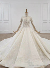 Light Champagne Tulle Sequins Long Sleeve High Neck Beading Wedding Dress