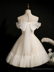 Light Champagne Tulle Short Prom Dress, Puffy Tulle Lace Homecoming Dress