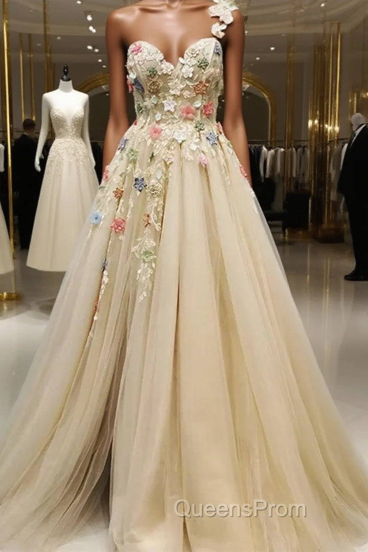 Light Champagne Tulle With Flowers Long Evening Dress, A-Line Tulle Formal Dress Main image