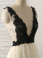 Light Champagne V Neck Beads Tulle Long Prom Dress, Champagne Formal Dress