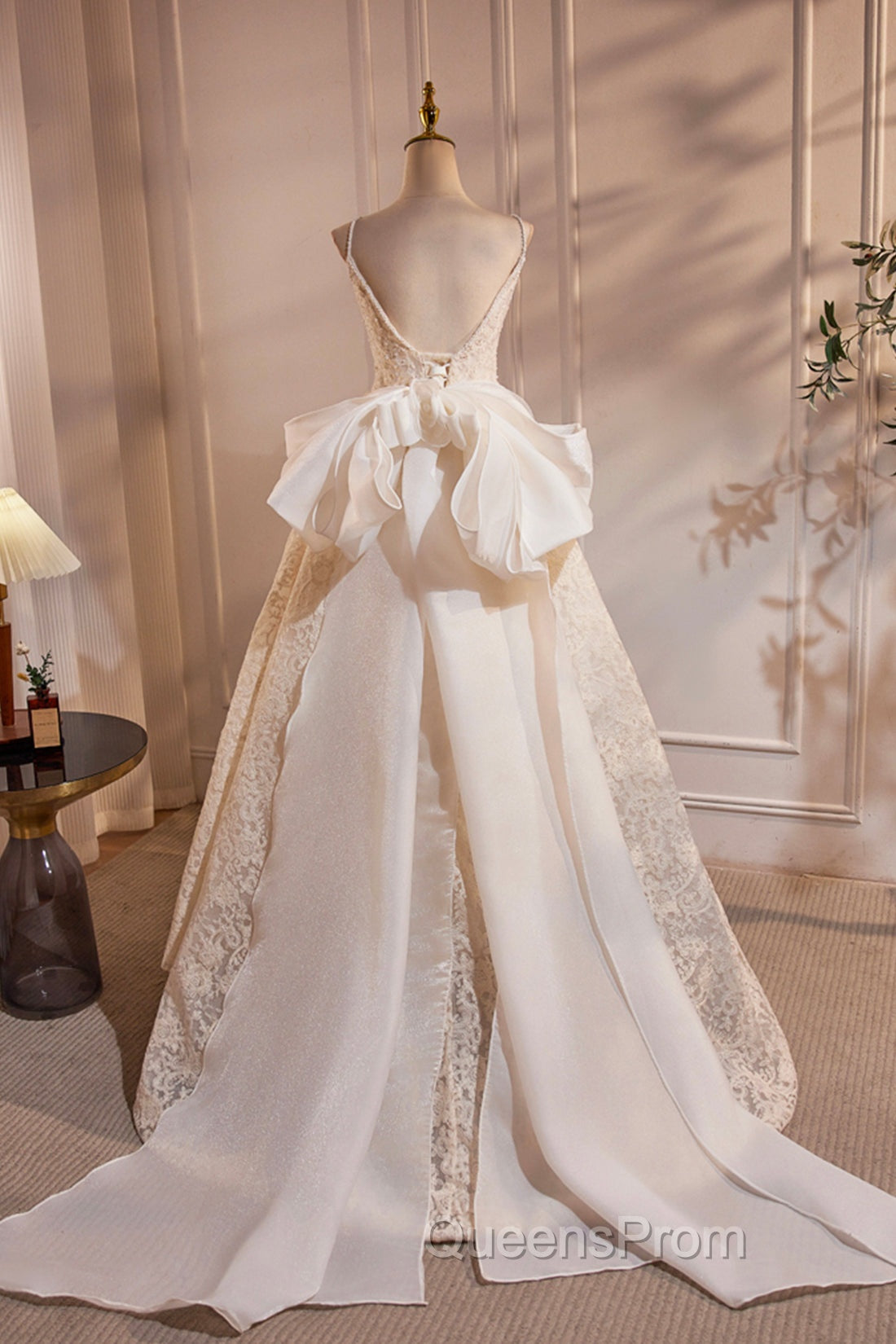 Light Champagne V-Neck Lace Long Evening Prom Dress, A-Line Spaghetti Straps Backless Party Dress With Bow