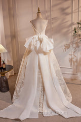 Light Champagne V-Neck Lace Long Evening Prom Dress, A-Line Spaghetti Straps Backless Party Dress With Bow