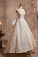 Light Champagne V-Neck Lace Long Evening Prom Dress, A-Line Spaghetti Straps Backless Party Dress With Bow