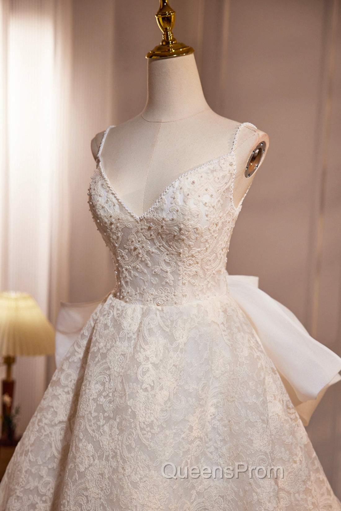 Light Champagne V-Neck Lace Long Evening Prom Dress, A-Line Spaghetti Straps Backless Party Dress With Bow