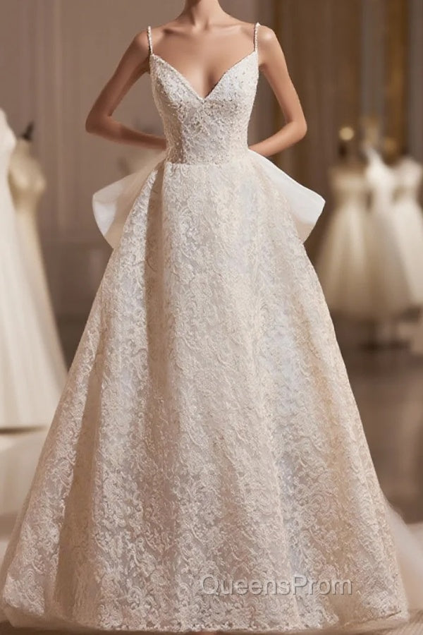Light Champagne V-Neck Lace Long Evening Prom Dress, A-Line Spaghetti Straps Backless Party Dress With Bow Main image
