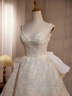 Light Champagne V-Neck Lace Long Evening Prom Dress Weeding Dress