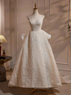 Light Champagne V-Neck Lace Long Evening Prom Dress Weeding Dress