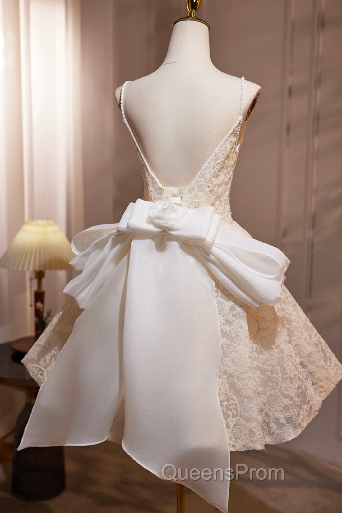 Light Champagne V-Neck Lace Short Evening Prom Dress, A-Line Spaghetti Straps Backless Party Dress With Bow