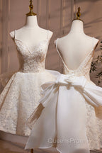 Light Champagne V-Neck Lace Short Evening Prom Dress, A-Line Spaghetti Straps Backless Party Dress With Bow