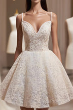 Light Champagne V-Neck Lace Short Evening Prom Dress, A-Line Spaghetti Straps Backless Party Dress With Bow