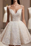 Light Champagne V-Neck Lace Short Evening Prom Dress, A-Line Spaghetti Straps Backless Party Dress With Bow