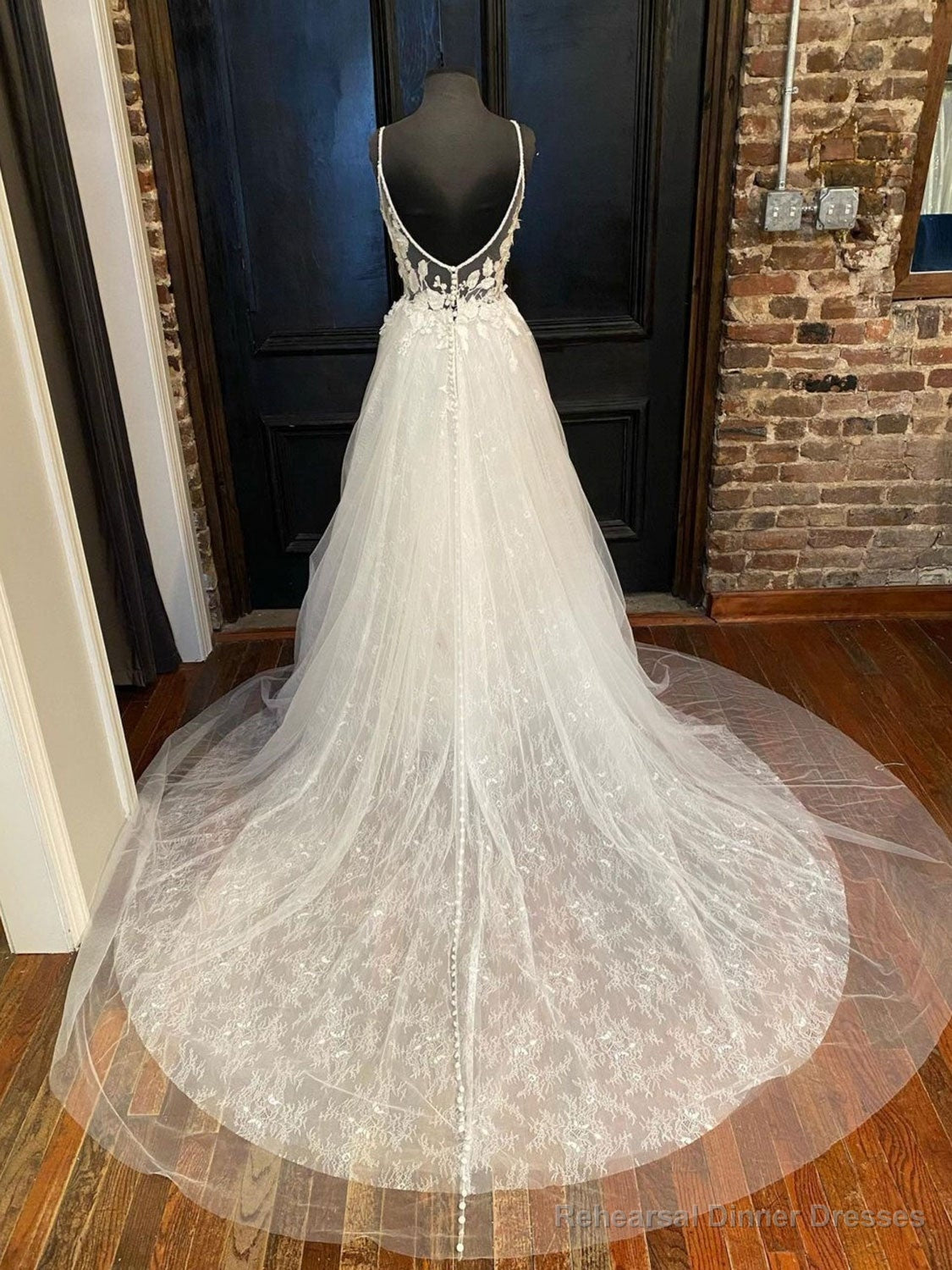 Light champagne v neck tulle lace long prom dress, lace evening dress Secondary image