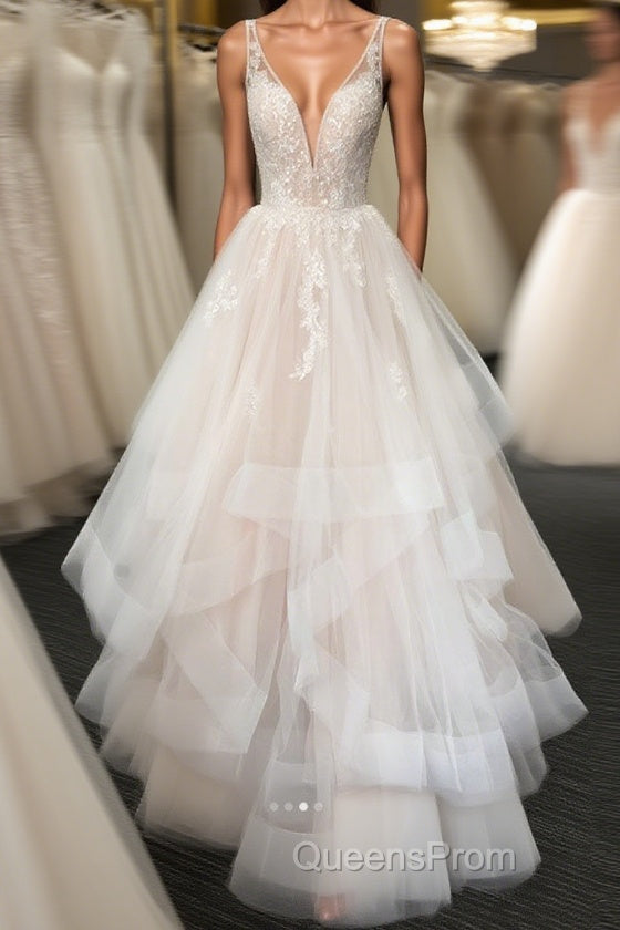 Light champagne v neck tulle lace long Evening Prom Dress, wedding Dress Main image