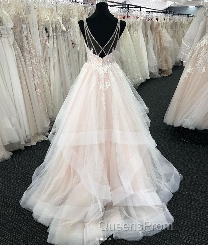 Light champagne v neck tulle lace long Evening Prom Dress, wedding Dress Secondary image