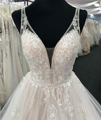 Light champagne v neck tulle lace long Evening Prom Dress, wedding Dress