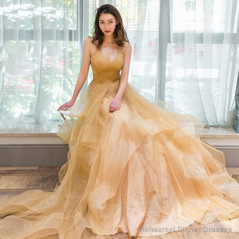 Light Champagne V-neckline Layers Straps Shiny Tulle Party Dress, Champagne Evening Gown Formal Dress Main image