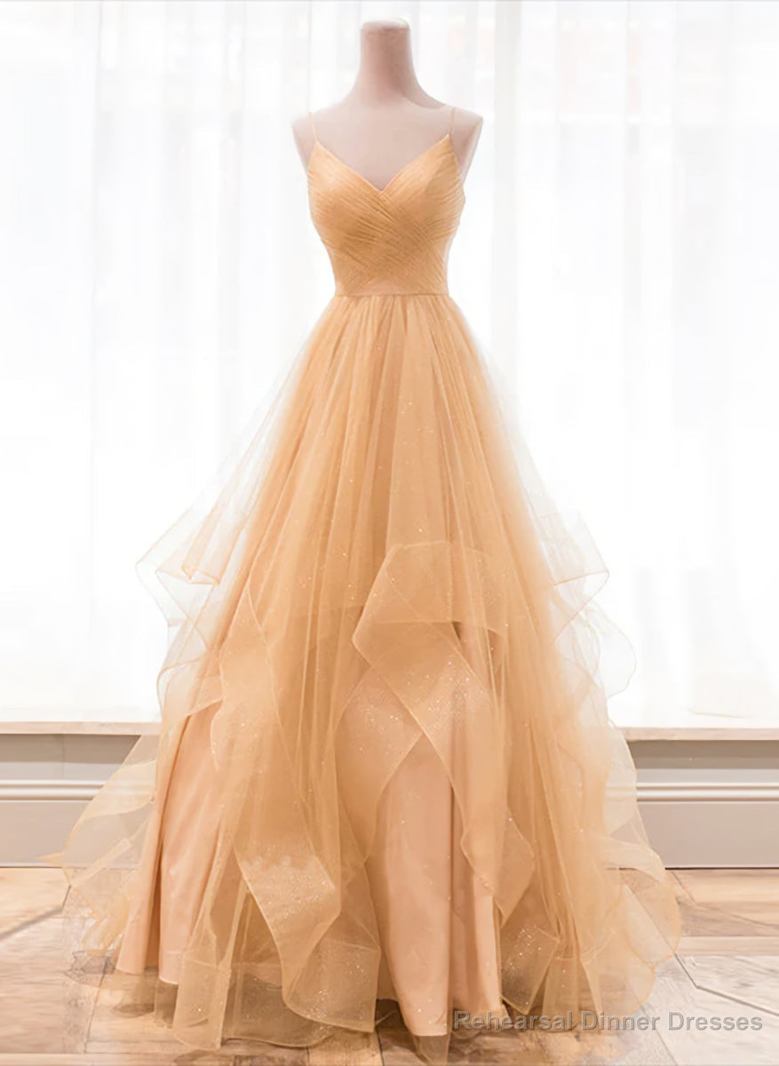Light Champagne V-neckline Layers Straps Shiny Tulle Party Dress, Champagne Evening Gown Formal Dress Secondary image