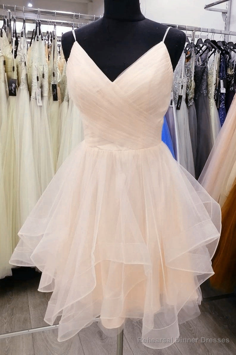 Light Champagne V-neckline Straps Homecoming Dress, Tulle Short prom Dress Graduation Dress Main image