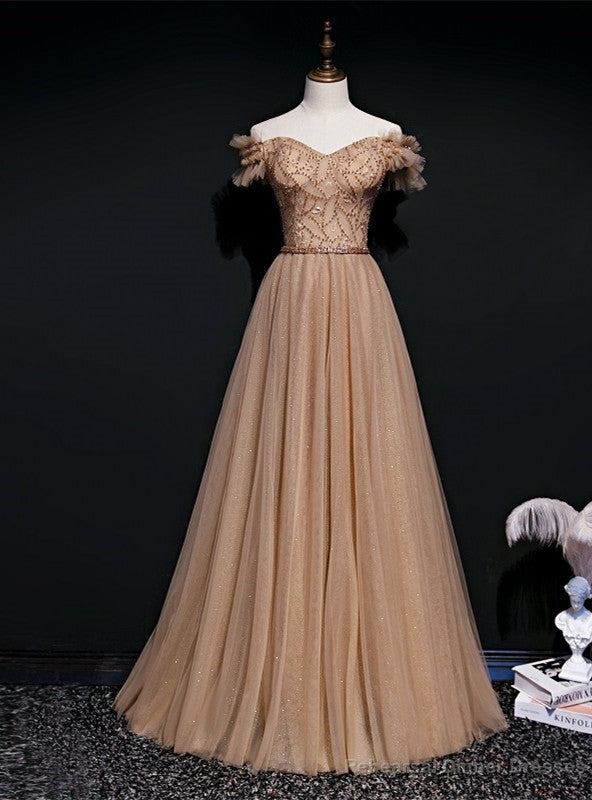 Light Coffee Tulle Sequins Off the Shoulder Beading Prom Dress Main image