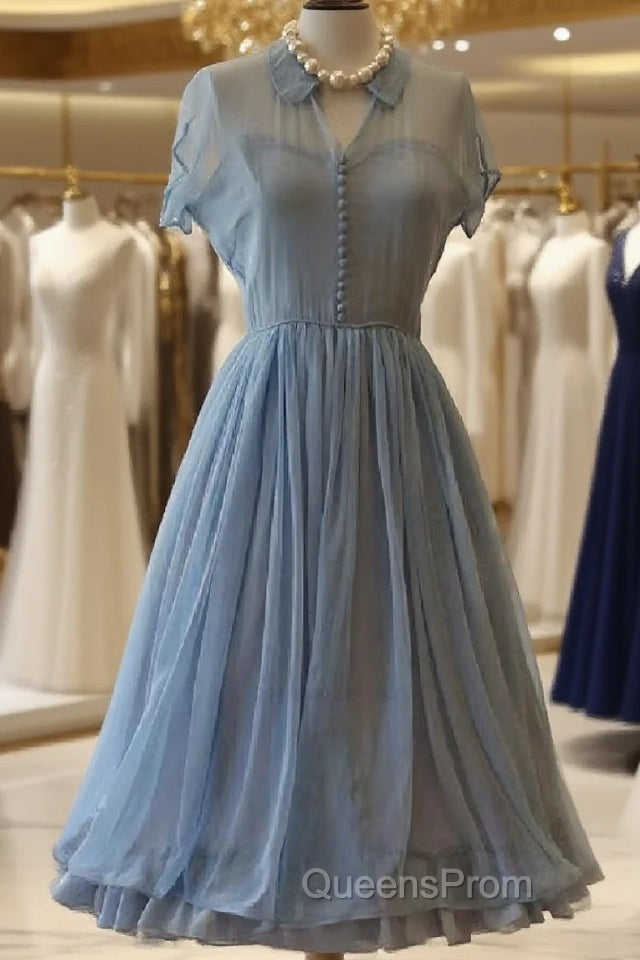 Light Dress, Chiffon Elegant A Line Doll Collar Short Sleeves Homecoming Blue Chiffon Vintage Style Dress Main image