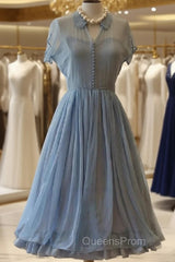 Light Dress, Chiffon Elegant A Line Doll Collar Short Sleeves Homecoming Blue Chiffon Vintage Style Dress