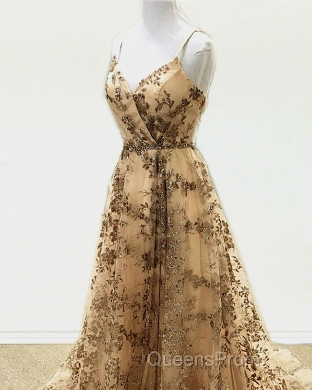 Light Gold Sequin Pattern Evening Prom Dress V Neck Split